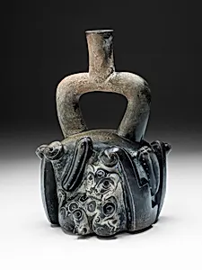 Stirrup-Spout Vessel with Feline and Cactus