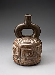 Stirrup Spout Vessel with Raised Geometric Scroll Motif
