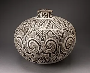 Storage Jar (Olla) with Black, White, and Hathed Linked Scrolls, Triangles, and Stepped Motifs