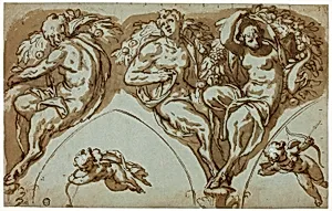 Study for Spandrel Decoration with Satyress, Satyrs, and Putti (recto); Head of Putto (verso)