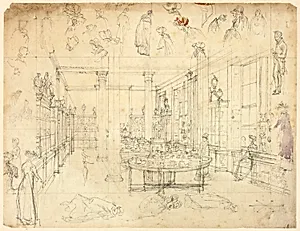 Study for Wedgwood and Byerly, York Street, St James' Square from London in Miniature (recto); Sketches of Women, Cabinet (verso)