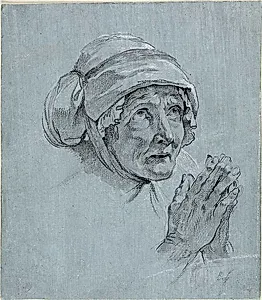 Study of the Head and Hands of an Old Woman Looking Up