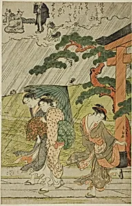 Sudden Shower at Mimeguri Shrine by Torii Kiyonaga
