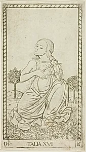 Thalia, plate sixteen from Apollo and the Muses by Master of the E-Series Tarocchi