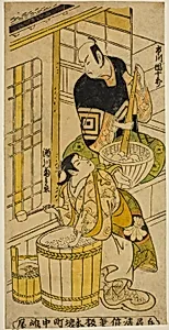 The Actor Ichikawa Danjuro II as Kenkaya Gorouemon and Segawa Kikunojo I as Osen in the play "Hatsugoyomi Akinai Soga," performed at the Nakamura Theater in the first month, 1732