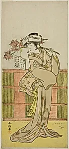 The Actor Iwai Hanshiro IV as Umegae Disguised as the Female Fortune-teller Omatsu in the Play Mukashi Otoko Yuki no Hinagata, Performed at the Ichimura Theater in the Eleventh Month, 1781 by Katsukawa Shunkо̄