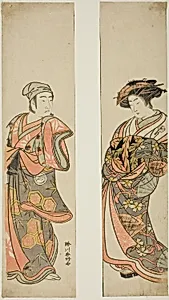 The Actor Nakamura Tomijuro I as a courtesan (right) and Sawamura Sojuro III as Oyamada Taro (?) disguised as Tarosaku of Oyamada Village (left) in the play "Azuma no Mori Sakae Kusunoki," performed at the Ichimura Theater in the eleventh month, 1779