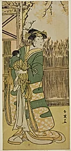The Actor Nakayama Tomisaburo I as Lady Tokiwa (Tokiwa Gozen) (?) in the Play Kimmenuki Genke no Kakutsuba (?), Performed at the Ichimura Theater (?) in the Eleventh Month, 1791 (?) by Katsukawa Shun'ei