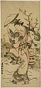 The Actor Sanogawa Mangiku as a woman walking in the snow