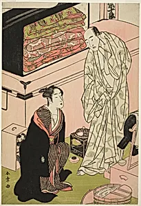 The Actor Sawamura Sojuro III (right), in His Dressing Room in Conversation with the Actor Segawa Kikunojo III (left) by Katsukawa Shunsho