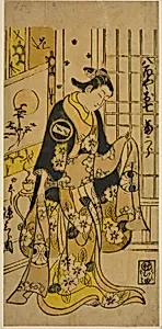 The Actor Segawa Kikujiro I as Oshichi in the play "Shochikubai Kongen Soga," performed at the Ichimura Theater in the third month, 1732