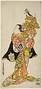 The Actor Yamashita Kinsaku holding a puppet of the Empress in the play "Diary Kept on a Journey by Sea to Izu (Funadama Izu Nikki)," performed at the Nakamura Theater in the first month, 1725