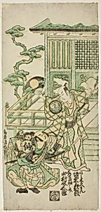The Actors Bando Hikosaburo I as Araki Shozaemon and Nakamura Sukegoro I as Daidoji Tahatanosuke in the play "Chigozakura Futabajikki," performed at the Ichimura Theater in the tenth month, 1746