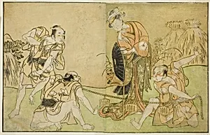 The Actors Bando Zenji I as Nagahashi Saburo, Iwai Hanshiro IV as Otatsu-gitsune, Nakamura Konozo as Hagai Ujitsune, and an Unidentified Actor (right to left), in the Play Nue no Mori Ichiyo no Mato, Performed at the Nakamura Theater in the Eleventh Month, 1770 by Katsukawa Shunsho