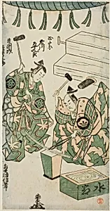The Actors Fujikawa Heikuro as Masamune and Matsushima Kichisaburo as Rai Kunitsugu in the play "Shin Usuyuki Monogatari," performed at the Nakamura Theater in the sixth month, 1746
