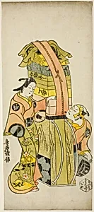 The Actors Ichikawa Danjuro II as Kamada Matahachi and Ichikawa Monnosuke I as Hisamatsu in the play "Osome Hisamatsu Shinju Tamoto no Shirashibori," performed at the Morita Theater, 1720