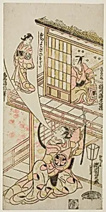 The Actors Ichikawa Ebizo II as Mushanosuke, Segawa Kikunojo I as Ochiyo, and Matsushima Kichisaburo as Ochiyo's spirit in the play "Higashiyama Gojitsu Yaoya Hanbei," performed at the Nakamura Theater in the eighth month, 1744