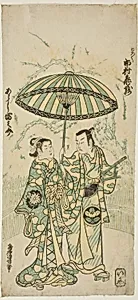 The Actors Ichimura Kamezo I as Kanto Koroku and Arashi Tominosuke I as Hayasaki in the play "Hokazo Yunzei Hachinoki," performed at the Ichimura Theater in the eleventh month, 1748 by Torii Kiyonobu II