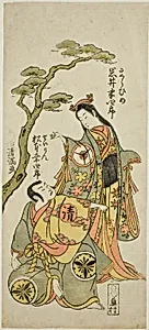 The Actors Iwai Hanshiro IV as Sakura Hime and Matsumoto Koshiro IV as Priest Seigen in the play "Wada Sakamori Eiga Kagami," performed at the Namakumura Theater in the first month, 1773