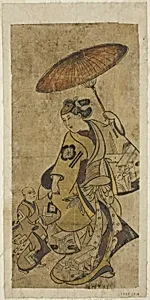 The Actors Matsumoto Hyozo as a woman holding an umbrella and Nakamura Shichisaburo I as a young boy