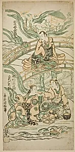 The Actors Matsumoto Koshiro II as Kumasaka Chohan, Ichimura Kamezo I as Ise no Saburo, and Sanogawa Ichimatsu I as Ushiwakamaru in the play "Hatsu Tora Kurama Genji," performed at the Ichimura Theater in the first month, 1749