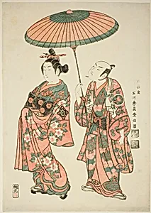 The Actors Nakamura Kiyosaburo I as Matsuyama and Ichimura Kamezo I as Wanya Kyubei in the play "Yoritomo Gunbai Kagami," performed at the Ichimura Theater in the eleventh month, 1749 by Ishikawa Toyonobu