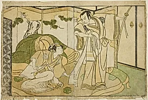 The Actors Nakamura Nakazo I as Taira no Kiyomori (right), and Yamashita Kinsaku II as Tokiwa Gozen (left), in the Play Nue no Mori Ichiyo no Mato, Performed at the Nakamura Theater in the Eleventh Month, 1770 by Katsukawa Shunsho