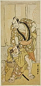 The Actors Nakamura Nakazo I as Tenjiku Tokubei (?) (right) and Bando Kumajuro as the Shopman Dempachi (?) (left), in the Play Keisei Katabira ga Tsuji (?), Performed at the Ichimura Theater (?) in the Eighth Month, 1783 (?)
