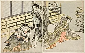 The Actors Nakamura Noshio I as Nyosan no Miya (right), Ichikawa Danjuro V as the Renegade Monk Yochin (center), and Yamashita Kinsaku II as the Maid Mutsuhana (left), in the Play Fuki Kaete Tsuki mo Yoshiwara, Performed at the Morita Theater in the Eleventh Month, 1771 by Katsukawa Shunsho