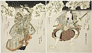The actors Onoe Kikugoro III (R) as Nagoya Sanza and Iwai Kumesaburo II (L) as the courtesan Katsuragi in the play "Oichiza Soga no Shimadai," performed at the Kawarazaki Theater in the first month, 1827