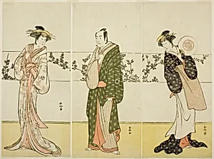The Actors Osagawa Tsuneyo II (right), Ichikawa Monnosuke II (center), and Segawa Kikunojo III (left), Possibly as Misao Gozen, Matsuya Soshichi, and the Courtesan Kojoro of Hakata, in the Play Chiyo no Hajime Ondo no Seto (Beginnings of Eternity: The Ondo Straits in the Seto Insland Sea) (?), Performed at the Kiri Theater from the Twenty-seventh Day of te Seventh Month, 1785