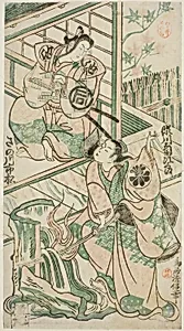 The Actors Sanogawa Ichimatsu I as Ike no Shoji and Segawa Kikujiro I as Hitachi Kohagi in the play "Mangetsu Oguri Yakata," performed at the Ichimura Theater in the eighth month, 1747 by Torii Kiyonobu II