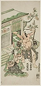 The Actors Segawa Kikujiro I as Nobutsura's wife Karumo and Otani Oniji I as Tahara Matataro in the play "Shusse Momijigari," performed at the Ichimura Theater in the eleventh month, 1747