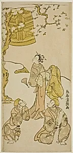 The Actors Segawa Kikunojo II, Ichikawa Komazo II, and Arashi Otohachi I in the play "Fude Hajime Soga no Tamazusa," performed at the Nakamura Theater in the first month, 1768