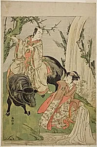 The Actors Segawa Kikunojo III as Princess Hatsune (Hatsune Hime) (right), and Ichikawa Monnosuke II as Miyukinosuke Yukinari, in the Play Otokoyama Furisode Genji, Performed at the Kiri Theater in the Eleventh Month, 1785 by Katsukawa Shunkо̄