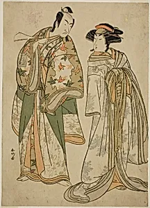 The Actors Segawa Kikunojo III as the Courtesan Sumizome (right), and Ichikawa Monnosuke II as Goinosuke Yoshimine (left), in the Play Juni-hitoe Komachi-zakura, Performed at the Kiri Theater in the Eleventh Month, 1784