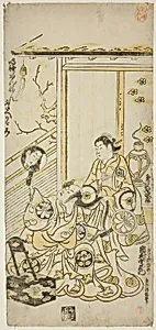 The Actors Tamazawa Saijiro I as Oiso no Tora and Ichimura Uzaemon VIII as Soga no Juro in the play "Haru wa Akebono Kuruwa Soga," performed at the Ichimura Theater in the first month, 1743