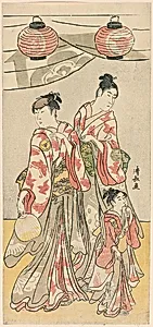 The Actors Yamashita Mangiku, Iwai Hanshiro IV, and Iwai Kumesaburo from a pentaptych of eleven actors celebrating the festival of the shrine of the Soga brothers by Torii Kiyonaga