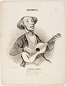 The Amateur Guitarist. Defying everyone's yawns, As he sings his puny verse, He would sing a parlor-song, On the ruins of the universe...,” plate 4 from Monomanes by Honoré-Victorin Daumier