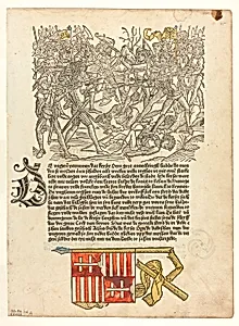 The Battle of Lechfeld (recto) and Duke Wolpy of Bavaria and His Wife, Atheyt (verso) from Sachsen-Chronik (Saxon Chronicle), Plate 34 from Woodcuts from Books of the 15th Century by Unknown artist