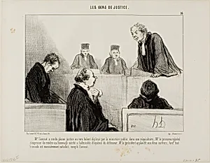 The defense compliments the talent of the prosecution, while the Attorney General admires the eloquence of the defense. The judge applauds both of them and everybody is satisfied, except he accused, plate 16 from Les Gens De Justice