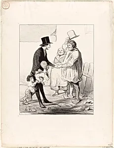 The Election Hoax. “My dear friend... do not think that I have come to ask you for your vote. I respect the independence of opinion too much for that. It is the Baroness who said to me: " Go see that poor Galouzet, tell his little wife that she is neglecting me and that I am angry with her for that. Ask about their lovely children, and say that I absolutely insist on having them over for dinner,” plate 1 from Les Carottes