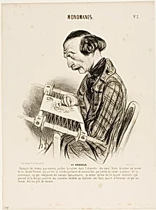 The Embroiderer. An example of the errors, nature sometimes makes in labeling the sexes. Just as one sees the would-be women who wear pants, some kind of a moustache, who play a cornet or the bass-viol, or who compose humanitarian novels, in the same way one finds men who play the harp, hemstitch neckerchiefs, do embroidering with their hands, and, who in a case of emergency know how to do a little cooking, plate 2 from Monomanes by Honoré-Victorin Daumier