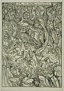 The Fall of Lucifer and the Rebel Angels (verso); The Gathering of the Angels (recto), pages three and two from the Treasury (Schatzbehalter)