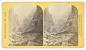 The mouth of Kanab Creek. The beds of the Colorado River and its tributary here lie in gorges cut by the running water to the depth of about 3.500 feet below the general surgace of the country. The highest point seen in the picture is 2.500 feet above the water, and the walls are here too steep to be scaled, No. 10 from the series "Geographical Explorations and Surveys West of the 100th Meridian" by William H. Bell