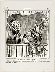 The New Neapolitan Buffoon. “- Polichinelle, Polichinelle, you have cudgelled the others long enough... now it's your turn. We will bring you to reason...,” plate 221 from Actualités by Honoré-Victorin Daumier