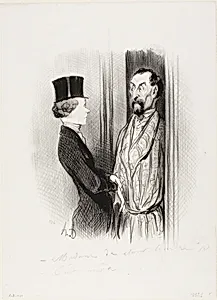 The Rendez-Vous. “- Madame Eudoxie Blancminet? - That's me, Monsieur... what can I do for you?,” plate 44 from Les Beaux Jours De La Vie by Honoré-Victorin Daumier