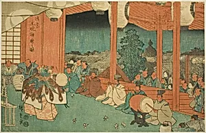 The Sacred Dance at the Shinmei Shrine in Shiba at Dawn (Shiba Shinmei, Omiya gengyo kagura no zu), from the series "Famous Places in the Eastern Capital (Toto meisho)" by Utagawa Hiroshige