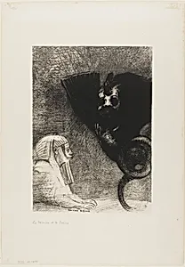 The Sphinx: "...my gaze that nothing can deflect, passing through objects, remains fixed on an inaccessible horizon." The Chimera: "As for me, I am light and joyful," plate 5 from To Gustave Flaubert by Odilon Redon