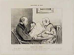 The Subscriber and His Newspaper. “- Listen darling, the first three columns of my morning paper are completely empty! It seems that they must have really said some nasty things. - May quite well be, but now that you mention it, to write nothing at all, I find that even more nasty!,” plate 2 from Caricatures Du Jour by Honoré-Victorin Daumier